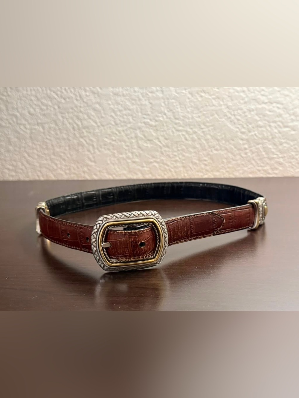 Vintage Reversible Black Brown Croc Embossed Leather Belt Western Size 28 S/M
